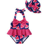 Infant Girl Swimsuit Baby Bathing Suit Set One Piece Swimwear Bow Tie Watermelon Bikini 3-6 Months Baby Girl Swimsuit with Hat