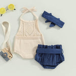 TheFound Toddler Baby Girl Summer Outfit Solid Color Tie-Up Halter Neck Knit Sweater Romper Denim Short Headband 3Pcs Clothes (Blue, 6-12 Months)