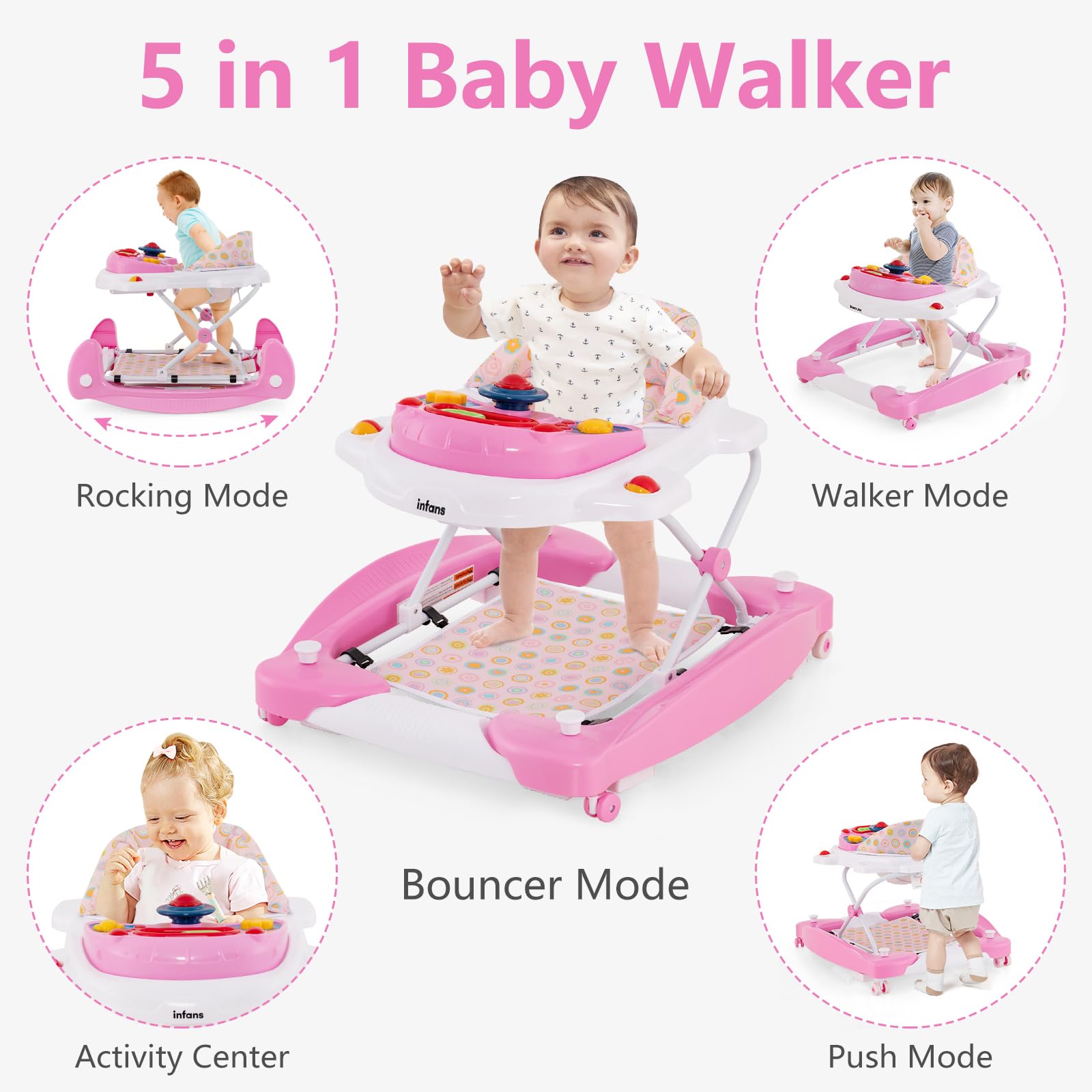INFANS Baby Walker, 5 in 1 Behind Walker Learning Seated Rocker Bouncer with Removable Music Tray, Adjustable Height, Washable Seat Cushion, Foldable Activity Center for Toddlers (Pink)