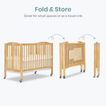 Dream On Me Full-Size 2-in-1 Folding Baby Crib in Natural, GreenGuard Gold & BSA, Portable, Patented Quick Folding System, Strong Wheels, 2 Adjustable Mattress Heights