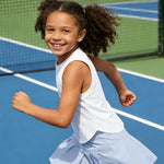 PATPAT Girls 2 Piece Tennis Skirt Set Size 10-11 White Tank Tops and Blue Skort Athletic Sets Sleeveless Shirts + High Waisted Pleated Skirt 2 Piece Outfits Girl Summer Clothes Workout Outfit