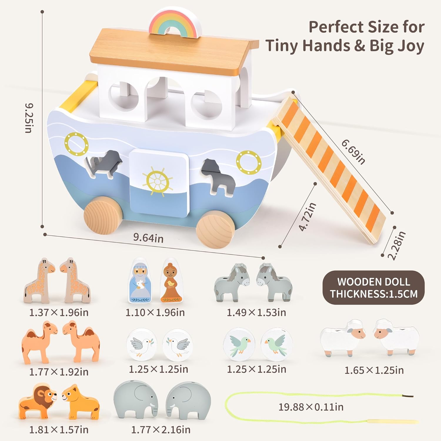 Wooden Noah's Ark Pull Along Toy with Bible Story Cloth Book - Montessori Sorting Set for Toddlers - Religious Baptism Gift for Boys & Girls -Christian Preschool Learning Toy for Kids