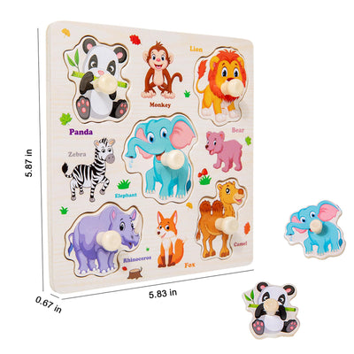 8Pcs Wooden Puzzle for Toddler 1-3, Peg Puzzles for Toddler 2-4, Montessori Learning Toys with Animals, Dinosaur, Fruits & More, Preschool Puzzle Set Educational Toys Toddler Gifts for Girls Boys