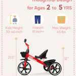 KRIDDO Kids Tricycles Age 24 Month to 4 Years, Trike for 2.5 to 5 Year Old, Gift Tricycles for 2-4 Year Olds, Trikes for Toddlers, Red