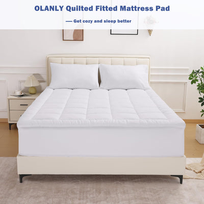 OLANLY Queen Quilted Fitted Mattress Pad, Elastic Fitted Mattress Topper, Cooling Soft Mattress Cover Stretches up to 21 Inches Deep, Machine Washable Mattress Protector (60x80 inch, White)