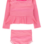 RuffleButts Girls UPF50+ Princess Dress-Up Long Sleeve Rash Guard 2-Piece Swimsuit - Royal Pink Princess, 2T