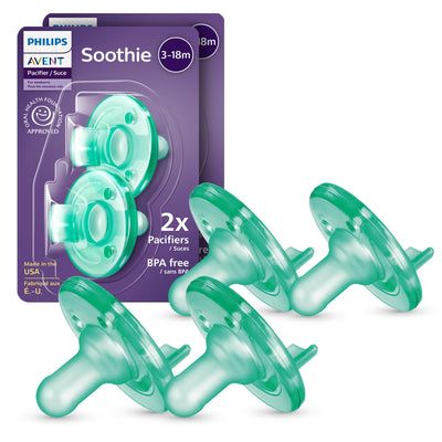 Green baby pacifiers with Philips Avent packaging on a white background