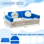 Stmoze 13PCS Modular Kids Play Couch, Kids Couch with Washable Velvet Cover, 5 Seconds Instant Expansion,Convertible Foam and Floor Cushion for Nursery Playroom, Blue & Beige