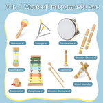 Baby Musical Instruments Set - 9pcs Neutral Colors Wooden Montessori Toys Percussion Music Modern Boho Xylophone Birthday Gifts for 1 2 3 Year Old Kids Toddlers Educational Birthday