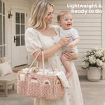 Konssy Braided Quilted Diaper Caddy Organizer, Boho Nursery Storage Basket with PU Leather Handles, Water-Repellent Portable Diaper Basket for Changing Table, Newborn Essentials (Taupe)