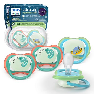 Philips Avent ultra air nightime pacifiers with packaging on a white background