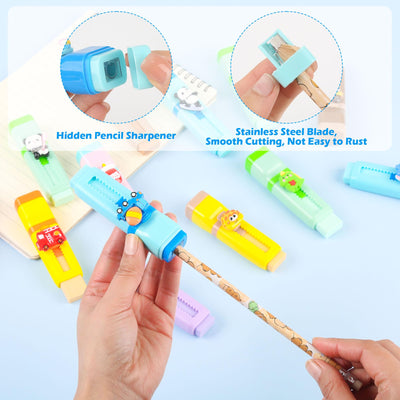 24 Pcs 2-in-1 Cute Retractable Eraser with Pencil Sharpener, Cute Kawaii School Supplies for Kids, Fun Cartoon Design for Classroom, Party Favors and Back to School Gifts