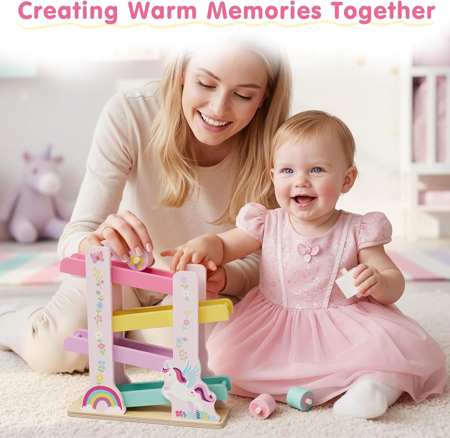 Lehoo Castle Wooden Car Ramp Toys for 1 Year Old Girl Birthday Gifts, Unicorn Montessori Toys for One Year Old, Wooden Race Track with 4 Rollers, for Toddlers 1-3 Year Old