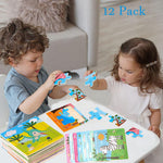 12 Pack Mini Wooden Animal Puzzles for Kids 3+ - 9-Piece Toddler Educational Travel Toys | Cute Farm & Wild Animal Party Favors | Preschool Learning Gift Set for Boys & Girls
