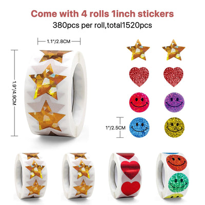 Teacher Appreciation Gifts,Manual Sticker Dispenser with 1520Pcs 1Inch Gold Star,Red Heart,Smiley Face Stickers for Kids Reward,Behavior Chart,School Classroom Student Teacher Supplies Gifts(Red)