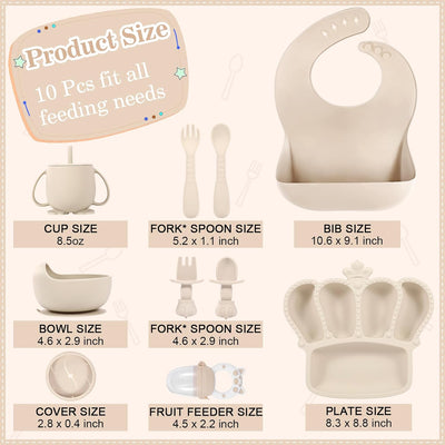 Silicone Baby Feeding Set 10 Pcs Baby Led Weaning Supplies Suction Bowl Divided Plate Baby Bibs Fruit Feeder Baby Spoons Forks Sippy Cup Toddler Utensil Sets Baby Essentials for Newborn Gift