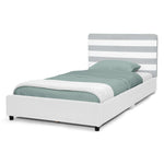 Delta Children Upholstered Twin Size Bed with Headboard, Premium Wood Slat Support, No Box Spring Needed, Easy Assembly, Grey/White Stripe