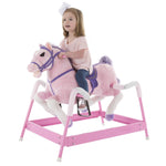 Spring Rocking Horse - Plush Bouncy Ride-On Toy with Fun Sounds, Wood Handles, and Adjustable Stirrups for Kids Ages 3 to 6 by Happy Trails (Pink)