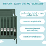 Dream On Me Bellport 4-in-1 Convertible Mini Baby Crib, Compact Design in Safari Green, GreenGuard Gold & JPMA, Non-Toxic, Pinewood, Converts to Mini Daybed & Twin Bed, 1″ Mattress Pad