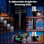 Light Up 3 Wheel Kick Scooter for Kids Toddlers with LED Sync Lights, Flashing Stem & Wide Polka Dot Deck Adjustable Height Music Function Safe Sturdy Folding Scooter for Kids (Black)