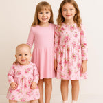 PATPAT Toddler Girl 2-Pack Long Sleeve A-line Dress Set Everyday Wear & Weekend Fun, Light Pink Floral, 6-7 Years