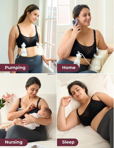 Momcozy Mesh Support Pumping Bra Hands Free Suitable for 36C-44G, Comfortable Plus Size Pumping and Nursing Bra in One Black