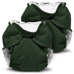 Two dark green cloth diapers with white interiors on a white background
