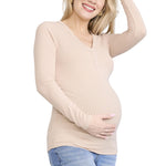 Motherhood Maternity Women's Long Sleeve V-Neck Side Ruched Henley Pregnancy Tee Shirt, Moonlight, Large