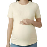 Motherhood Maternity Women's Short Sleeve Crew Neck Side Ruching Pregnancy Tee Shirt, Soft Yellow, Small
