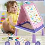 Elovien Easel for Kids, 4 in 1 Double Sided Toddler Art Easel with Chalkboard & Magnetic Whiteboard, Foldable Kid Tabletop Easel with Drawing & Writing Accessories - Educational Gift for Girl (Purple)