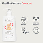 ECOLATIÈR Baby Cream Soap - 98% Natural, Vegan, Hypoallergenic Body Wash & Gentle Baby Soap for Sensitive Skin, Newborn & Toddler Care, Soft & Nourishing, 8.5 Fl Oz
