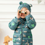 JunNeng Toddler Winter Coat Baby Puffer Jacket, Boy Hooded Dinosaur Coat, Beige Giraffe 12-18 Months