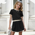 PATPAT Girls 2 Piece Outfits Size 7-8 Years, Black White Color Block Tshirts and Skorts Clothing Sets, Girls Summer Outfits, Trendy Clothes Skirt Sets Summer Clothes Lounge Sets