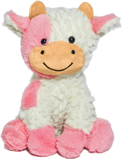 Plush cow toy with pink and white colors on a white background