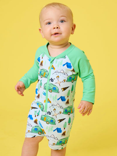 RUGGEDBUTTS Baby/Toddler Boy Swimsuit, One Piece Zipper Rash Guard Sunsuit with UPF 50+ Sun Protection - Blue Campfire Crew, 3-6m