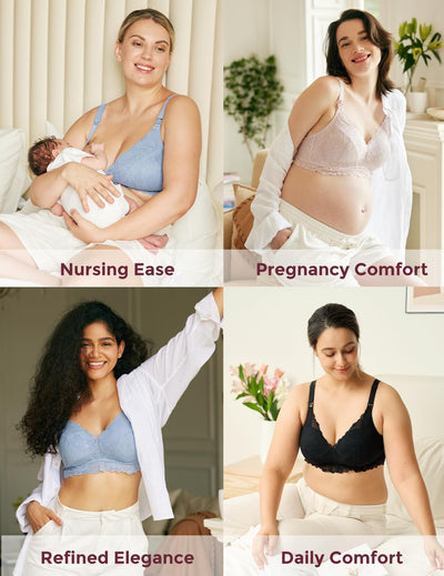 Momcozy Lace Nursing Bra, Wirefree Padded Nursing Bras for Breastfeeding, V Neck Maternity Bra for Pregnancy, Soft Lace Black
