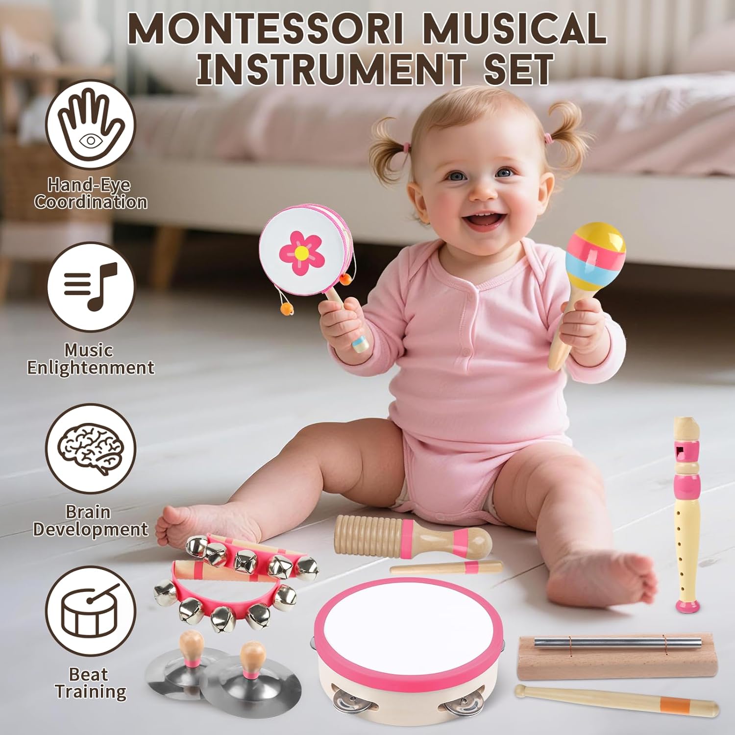 Toddlers Musical Instruments for 1 2 3 Year Old Girls,Baby Montessori Wooden Musical Toys for Toddlers 1-3 Year Old,Kids Musical Toy for Preschool,Christmas Birthday Gift for Baby Girls (Pink 8 in 1)