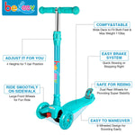 BELEEV Scooters for Kids 3 Wheel Kick Scooter for Toddlers Girls Boys, 4 Adjustable Height, Lean to Steer, Light up Wheels, Extra-Wide Deck, Easy to Assemble for Children Ages 3-12 (Matte Aqua)