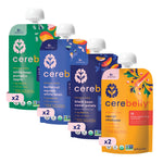 Assorted packages of cereb baby food pouches on a white background