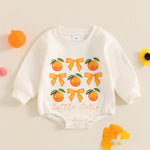 Chloefairy Newborn Baby Girl Bubble Romper Little Cutie Onesie Bowknot Orange Sweatshirt Romper Long Sleeve Oversized Bodysuit (Beige, 12-18 Months)