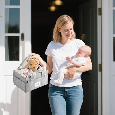 PaoveFor Diaper Caddy Organizer, Newborn Essetials Must Haves, Baby Registry Search and Other Baby Stuff, Collapsible Baby Basket with Handle and a Photo Frame, Grey, 11.8 x 6.3 x 9.0 inch