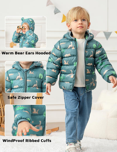 JunNeng Toddler Winter Coat Baby Puffer Jacket, Boy Hooded Dinosaur Coat, Beige Giraffe 12-18 Months