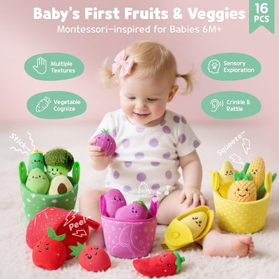 Montessori Baby Sensory Toys – 16 PCS Plush Fruit & Veggie Color Sorting Play Food with Crinkle & Rattle, Baby Toys 6-12 Months, Learning Toys for 1 Year Old Boys Girls Gifts