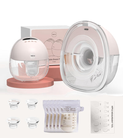 Collection of NCVI breast pump parts and accessories on a white background