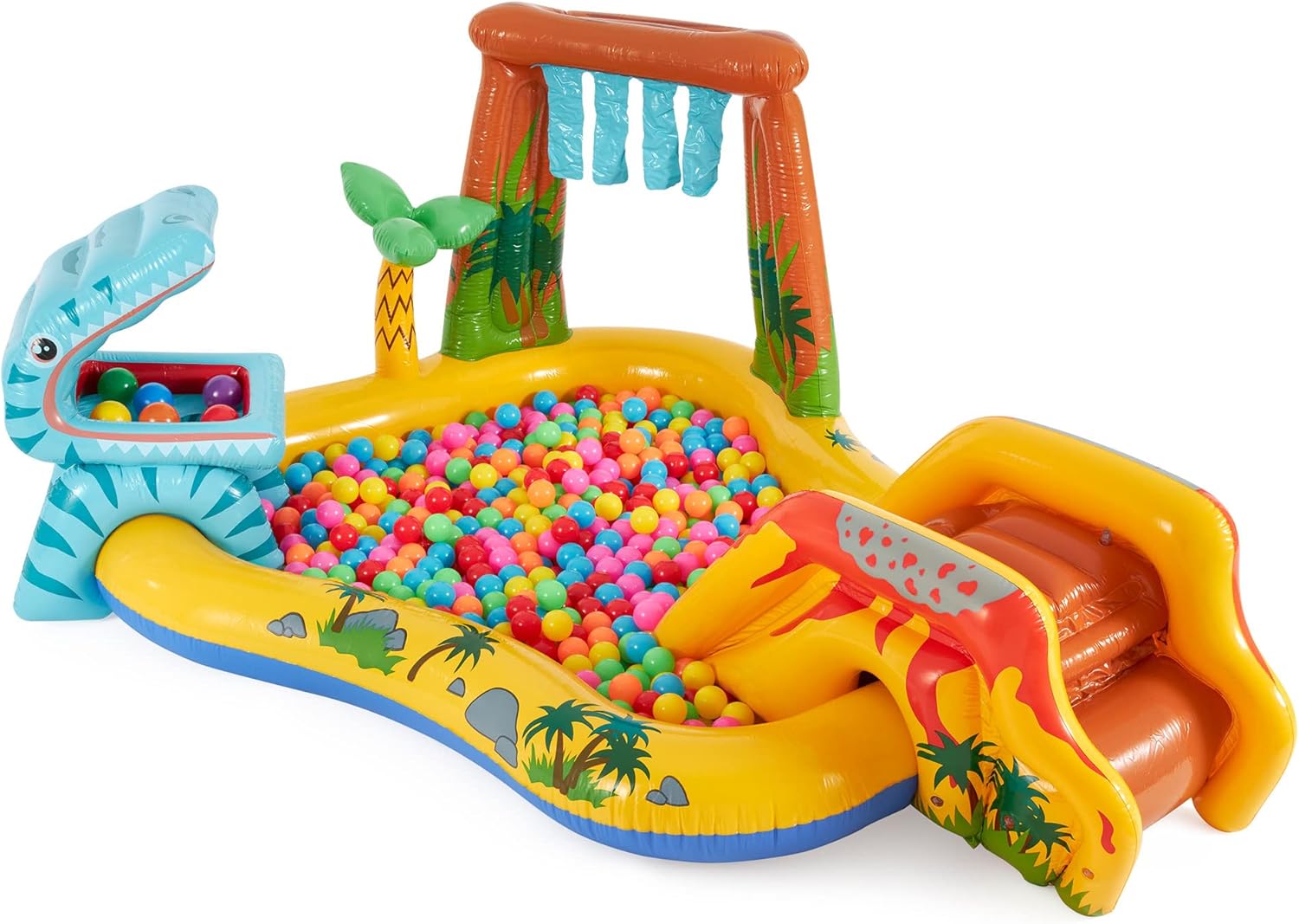 Intex Inflatable Dinosaur Play Center Outdoor Playhouse Inflatable Water Park with Kid Pool Slide, Water Sprayer, Waterfall, and 6 Balls, Multicolor