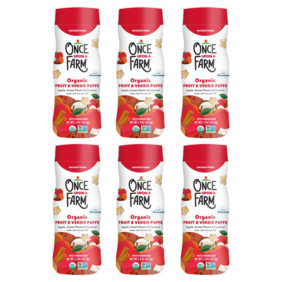 Six packages of Once Upon a Farm Organic Fruit & Veggie Puffs on a white background