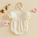 Kupretty Newborn Baby Girl Summer Clothes Vintage Muslin Linen Ruffle Romper Short Sleeve Bodysuit Jumpsuit with Headband (Cream, 3-6 Months)