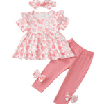 Kucnuzki Baby Girl Outfits 12 18 Months Toddler Girl Clothes Summer Ruffle Short Sleeve Floral Crewneck Shirt Tops Pink Leggings Pants 3-Piece Clothing Set