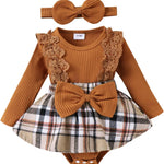 Baby Girl Clothes Fall Winter Outfit Plaid Romper Long Sleeve Dress Lace Ruffles Bodysuit with Bow Headband
