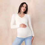 Motherhood Maternity Women's Long Sleeve Side Ruched V-Neck Pregnancy Tee Shirt, Heather Oatmeal, Medium